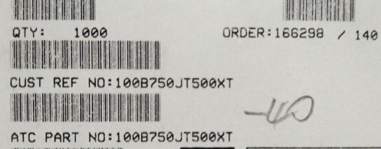100B750JT500XT ATC100B750JT500XT 75PF 500V 1210 COO:USA