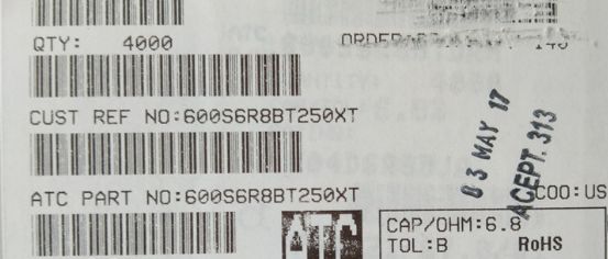 600S6R8BT250XT ATC600S6R8BT250XT 6.8PF 250V 0603 COO:USA