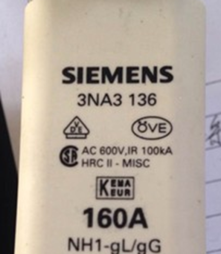 Siemens 3NA3136 3NA3 136 160A 500V NH1 gL/gG 100KA